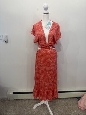 Coral Floral Maxi Dress with Tie-Front